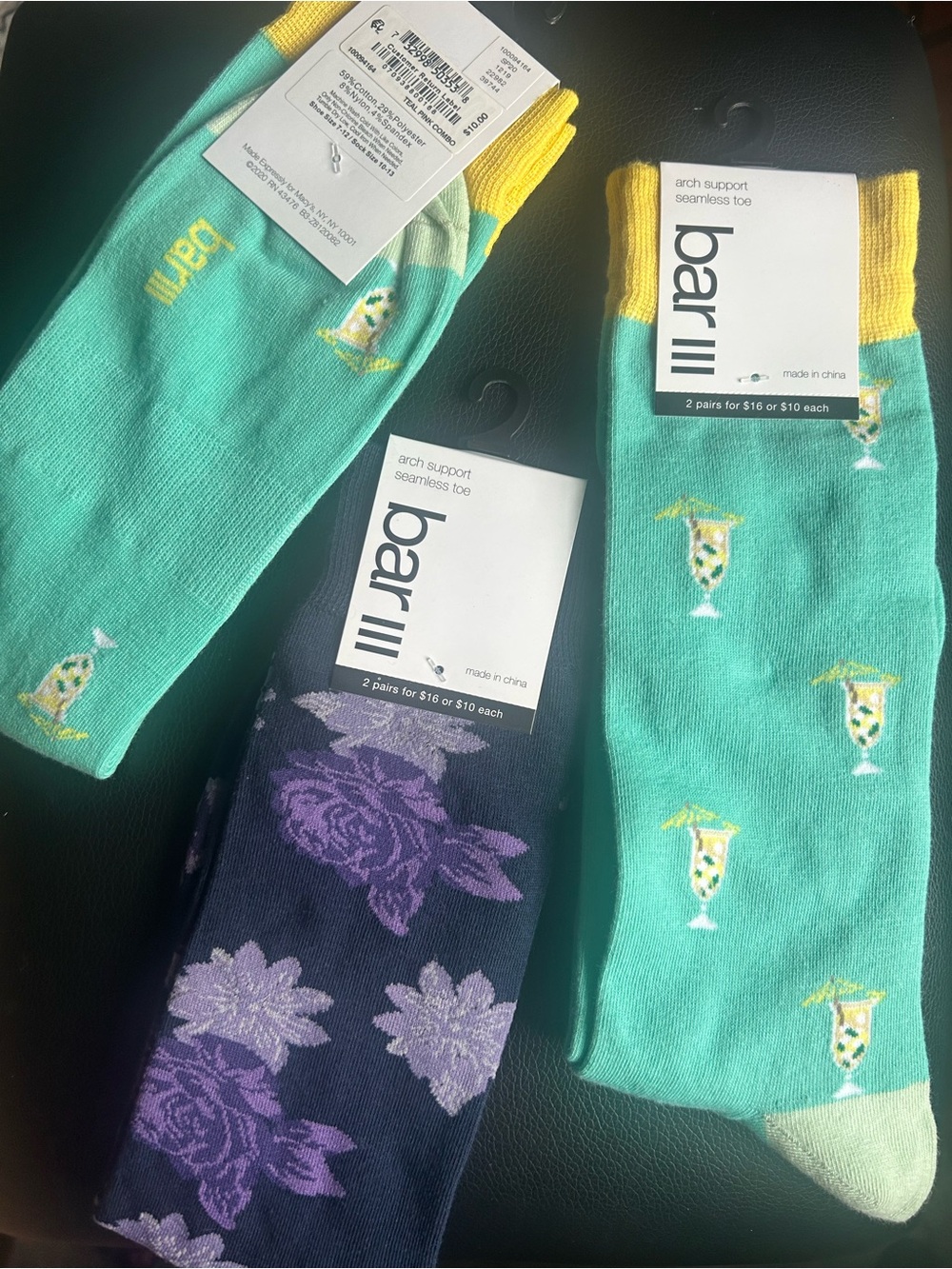 Bar III Men's Floral and Striped Socks - 1 Purple, and 2 green  (3 pairs)